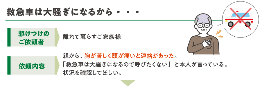 救急車は大騒ぎになるから・・・